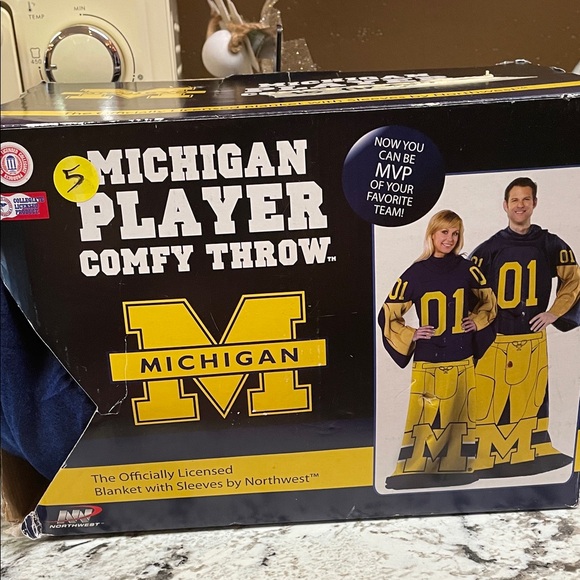 Michigan Blue and Yellow Football Jersey Blanket with sleeves - Picture 3 of 7